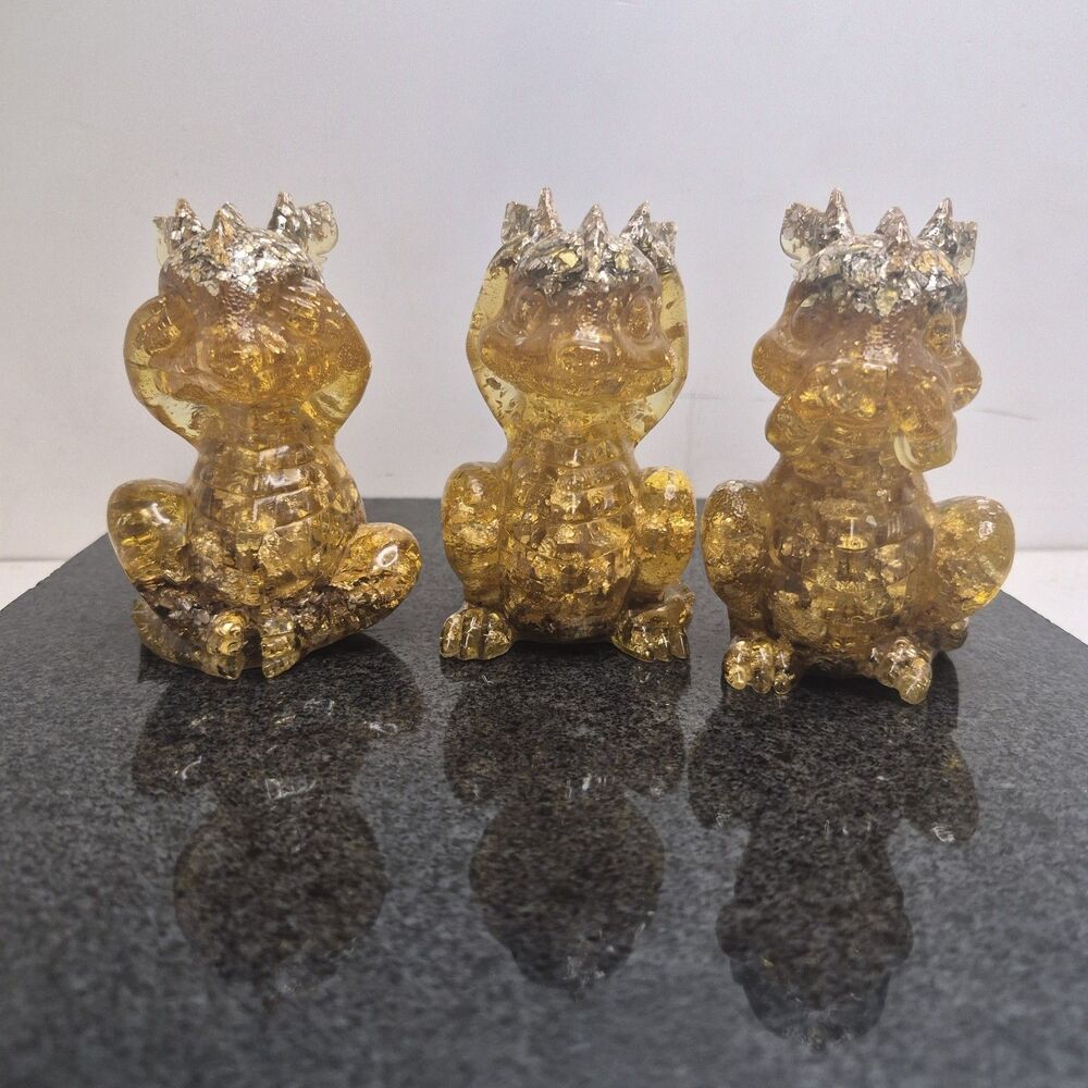 See No Evil Hear No Evil Speak No Evil Dragons Gold Foil Epoxy Resin 3½ Inch